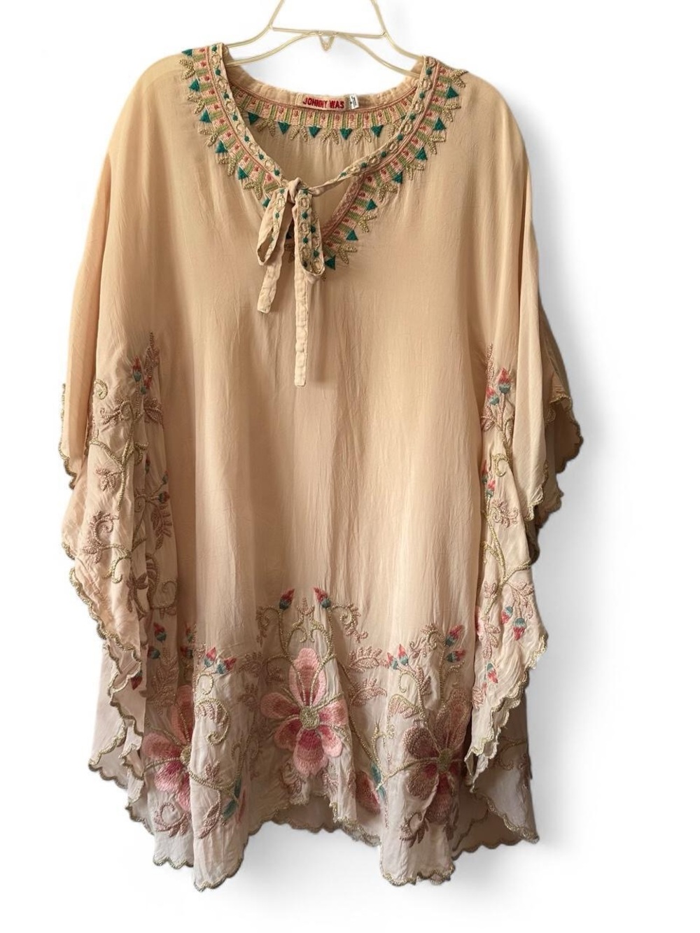 Johnny Was Antoinette Poncho Beige Floral-Embroidered Boho Tunic Size - Small